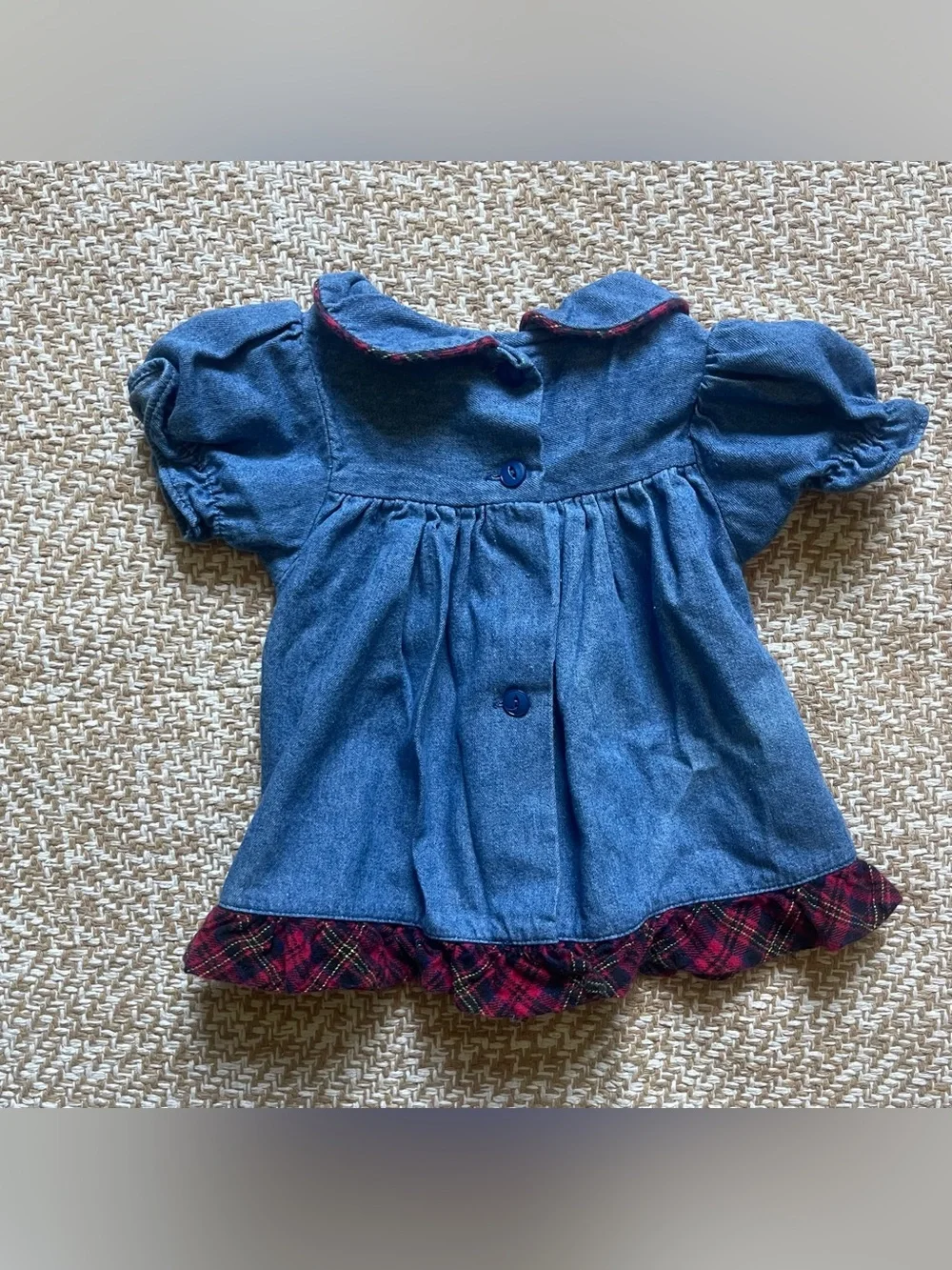 Vintage Oshkosh B’gosh Small Steps Denim Schoolhouse Dress Plaid Ruffle Trim